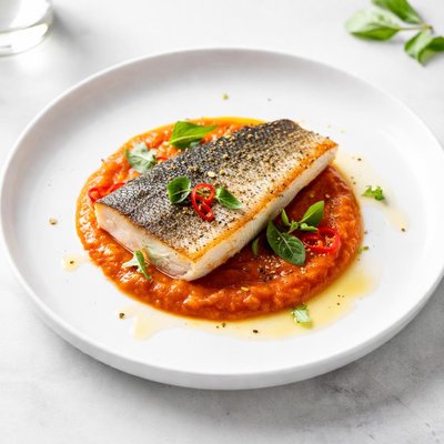 Image of Sea Bass with Spicy Roasted Bell Pepper Sauce