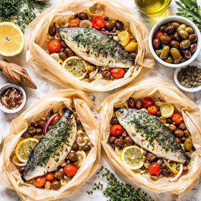 Image of Sea Bream Fillets with Olives En Papillote