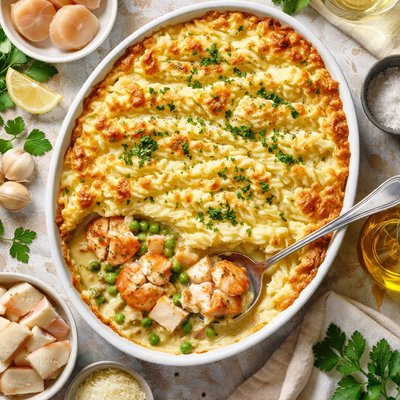 Image of Sea Scallop and Cod Pie Topped with Mashed Potatoes