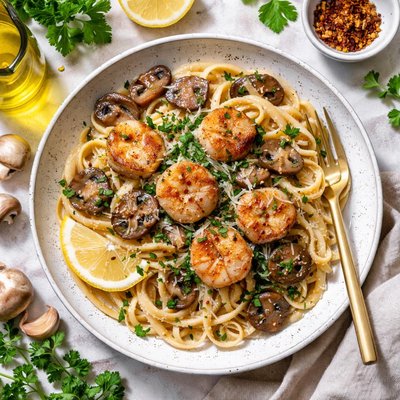 Image of Sea Scallops Sauteed with Mushrooms Pasta