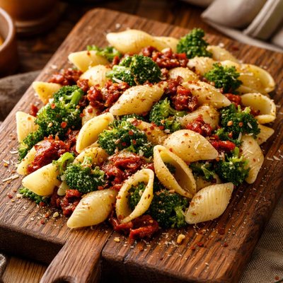 Image of Sea Shells with Broccoli and Sun Dried Tomatoes