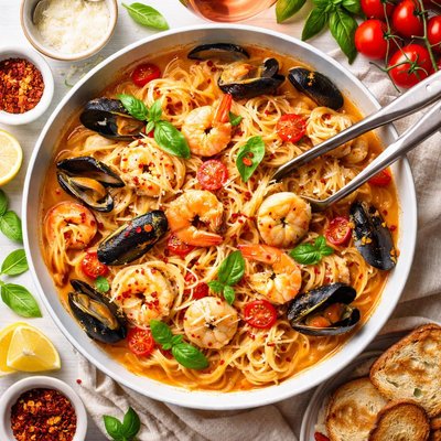 Image of Seafood Pasta with Sherry Tomato Cream Sauce