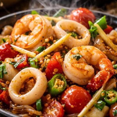Image of Seafood with Ginger Tomatoes and Chilies