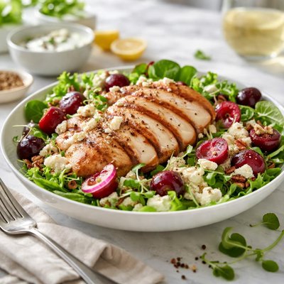 Image of Seared Chicken Salad with Cherries and Goat Cheese Dressing