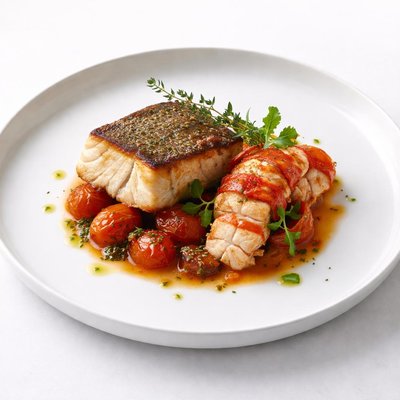 Image of Seared Chilean Sea Bass and Lobster with Thyme Scented Tomato