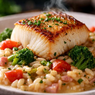 Image of Seared Chilean Sea Bass with Shallot Tomato Broccoli Risotto