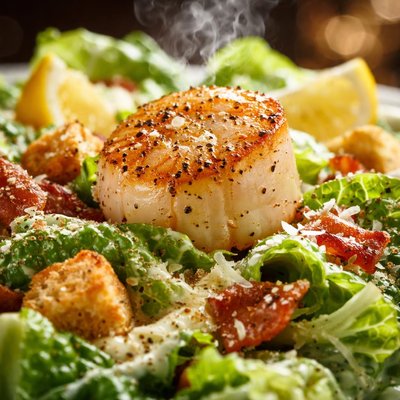Image of Seared Digby Scallop Caesar Salad with Low Fat Dressing