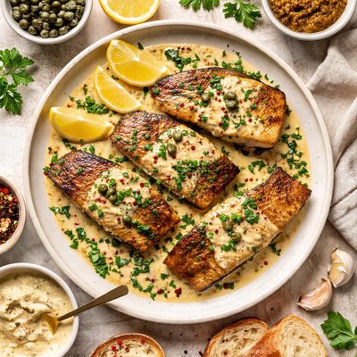 Image of Seared King Fish and Mustard Cream and Caper Sauce