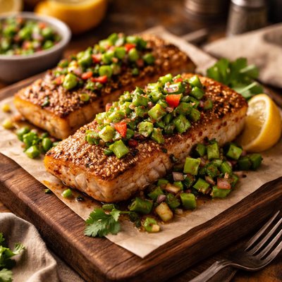 Image of Seared Mahi Mahi with a Garlic Sesame Crust and Asparagus Relish