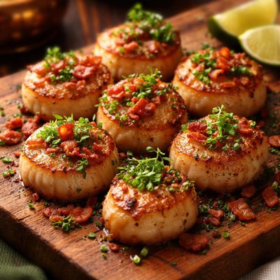 Image of Seared Pan Fried Limed Scallops with Bacon Chives and Chervil