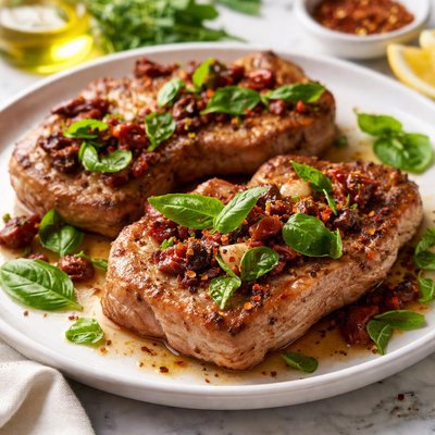 Image of Seared Pork Chops with Fresh Basil and Sun Dried Tomatoes