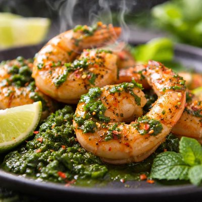 Image of Seared Prawns with Lime with Mint and Cilantro Chutney