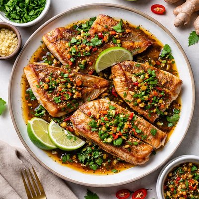 Image of Seared Red Snapper with Ginger Garlic and Cilantro Soy Sauce