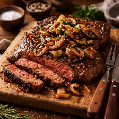 Image of Seared Rib Eye Steak Sauteed Shallots Shiitake Mushrooms