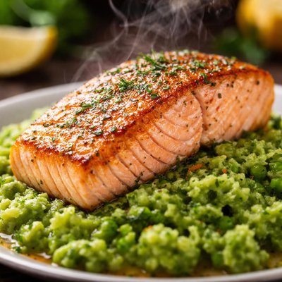 Image of Seared Salmon on Herbed Mashed Peas