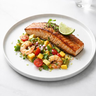 Image of Seared Salmon with Avocado Shrimp and Mango Salsa