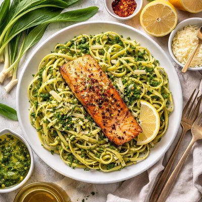 Image of Seared Salmon with Linguine and Ramp Pesto