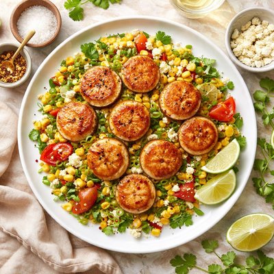 Image of Seared Scallops W Grilled Corn Scallion Salad