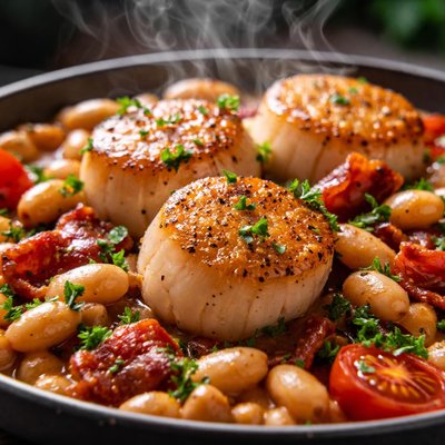Image of Seared Scallops with White Beans and Bacon