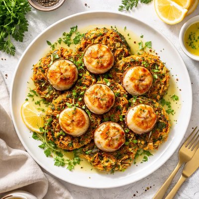 Image of Seared Scallops with Zucchini and Carrot Cakes