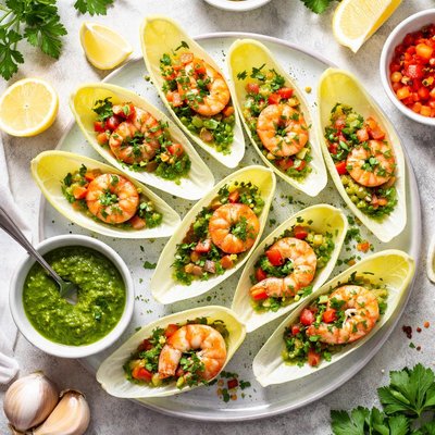 Image of Seared Shrimp in Endive Leaves with Parsley Sauce