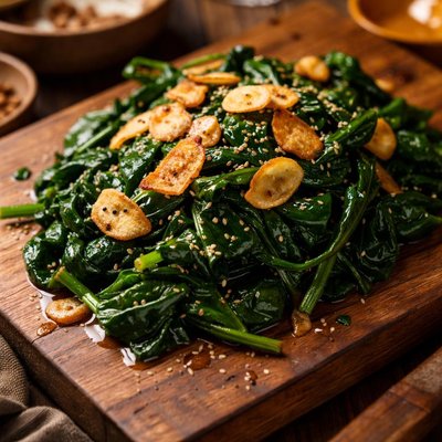 Image of Seared Spinach with Fried Garlic Chips