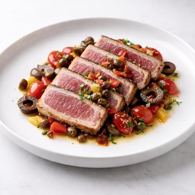 Image of Seared Tuna with Olives Capers Peppers and Tomato