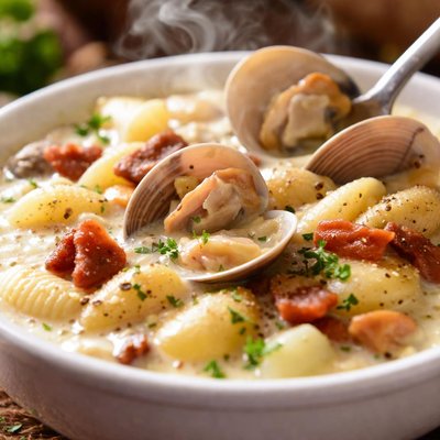 Image of Seashells Garlic Potato Clam Chowder
