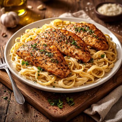Image of Seasoned Chicken Over Fettuccine