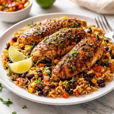 Image of Seasoned Chicken with Beans and Rice