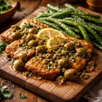 Image of Seitan Piccata with Olives and Green Beans