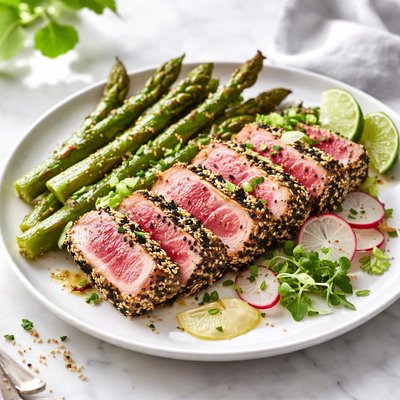 Image of Sesame and Wasabi Crusted Tuna with Roasted Asparagus