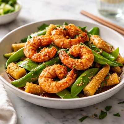 Image of Sesame Glazed Shrimp with Snow Peas and Baby Corn