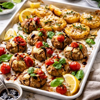 Image of Sheet Pan Turkey Caprese Meatballs with Rosemary Smashed Potatoe
