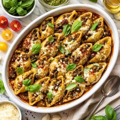 Image of Shells Baked with Pesto Meat Sauce