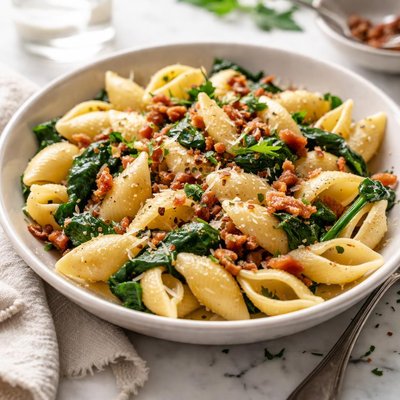 Image of Shells with Crispy Pancetta and Spinach Giada De Laurentiis