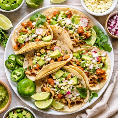 Image of Shredded Chicken and Tomatillo Tacos with Queso Fresco