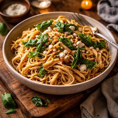 Image of Shredded Chicken Pasta with Fried Basil and Feta