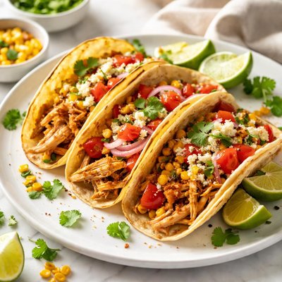 Image of Shredded Chicken Tacos with Tomatoes and Grilled Corn