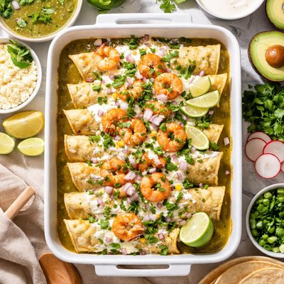 Image of Shrimp and Cotija Enchiladas with Salsa Verde and Crema Mexicana