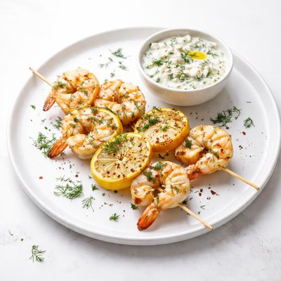 Image of Shrimp and Lemon Skewers with Feta Dill Sauce