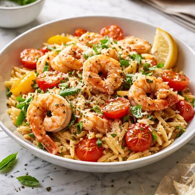 Image of Shrimp and Orzo with Cherry Tomatoes and Parmesan Cheese