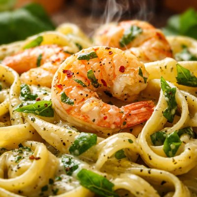 Image of Shrimp and Pasta in a Basil Cream Sauce