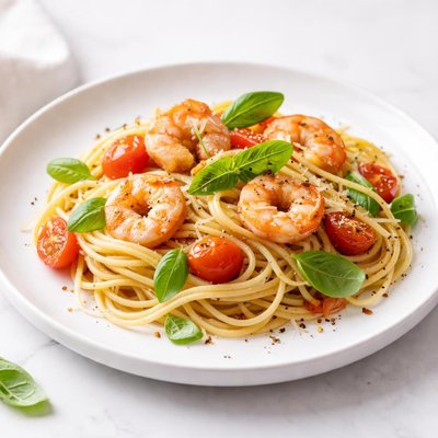Image of Shrimp and Pasta with Basil and Tomatoes