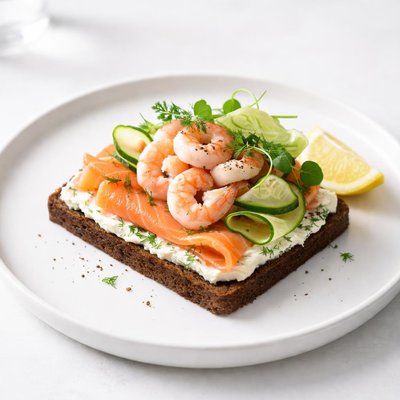 Image of Shrimp and Smoked Salmon Smorrebrod with Lemon Cucumbers