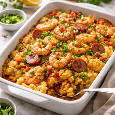 Image of Shrimp and Smoked Sausage Cornbread Casserole