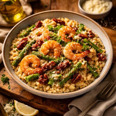 Image of Shrimp and Sun Dried Tomato Risotto with Asparagus