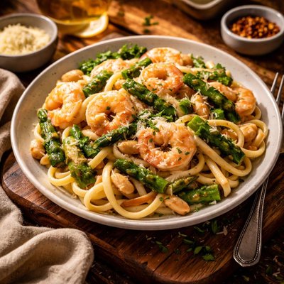 Image of Shrimp Asparagus and White Bean Fettuccine