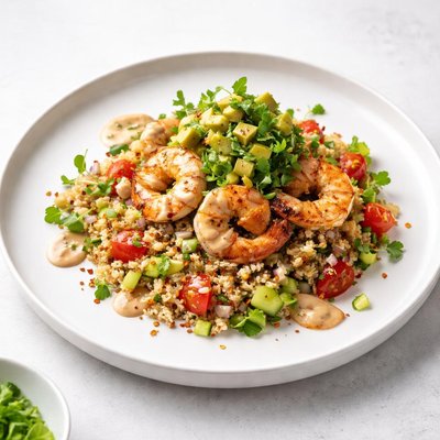 Image of Shrimp Bulgur Salad with Avocado Relish and Chipotle Dressing