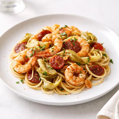 Image of Shrimp Chorizo and Artichoke Pasta